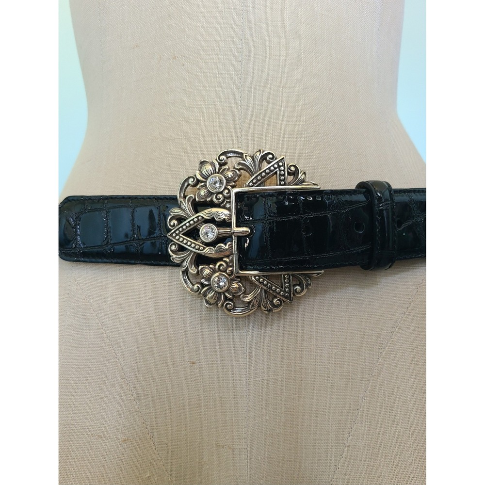 VTG Brighton Sz 32 Black Leather Belt Empire Lace Embossed Patent Croc Crystals - Picture 2 of 5